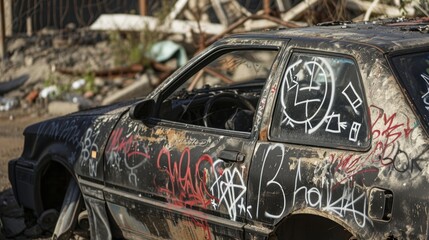 A graffitied car door with cryptic symbols and messages believed to be a summoning site for...