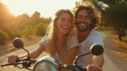 Romantic couple riding a motorcycle together - obrazy, fototapety, plakaty