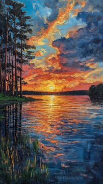 Sunset Lake Trees Grass Splashing Deep Alabama Paddle Wall During