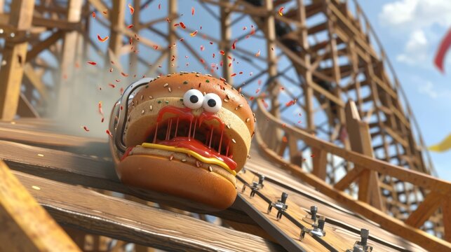 A hot dog clearly regretting his decision to ride the rickety old wooden roller coaster with relish and onions flying out of his bun as he closes his eyes in terror