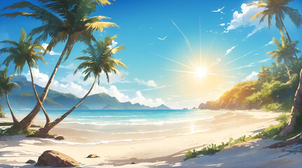 Beautiful beach views in the morning with bright blue skies and the sun dazzling the eyes. Anime style