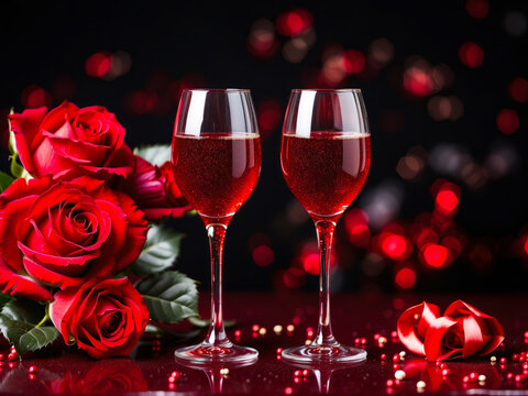 a romantic ambiance with two glasses filled with sparkling wine, a bouquet of red roses, and a ribbon on a dark background with bokeh lights.
