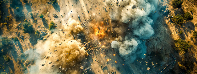  A dramatic top-down aerial view captures an intense moment of explosion and chaos, likely from a battle, with smoke and debris scattered across the scene. - obrazy, fototapety, plakaty