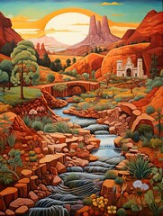 Nostalgic Route 66 Landscapes: Stream and Brook Artistry through Highway by Water and Bridge Scenes - obrazy, fototapety, plakaty