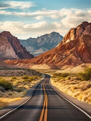Nostalgic Route 66 Landscapes: Valley Road Trip Through Panoramic Mountains - obrazy, fototapety, plakaty