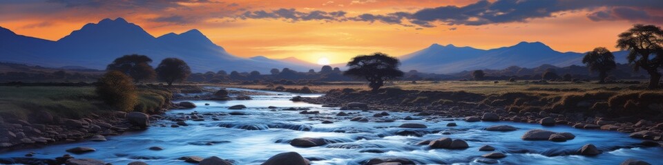 Naklejka premium River Flowing Through Mountain Landscape at Sunset - Scenic Nature Photography