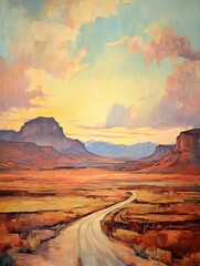 Nostalgic Route 66 Landscapes: Vintage Painting of Old-time Highway and Retro Roadtrip Art - obrazy, fototapety, plakaty