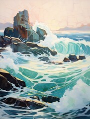 Ocean Wave Abstracts: Captivating Mountain Landscape Art with Waves Clashing Rocks