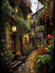 Fototapeta na wymiar Old-world European Alleys Garden Scene Art: Botanical Wall Art with Alleys and Flowers