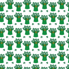 Seamless pattern of Bouquet of shamrocks in leprechaun hat with buckle on ribbon. St. Patricks field