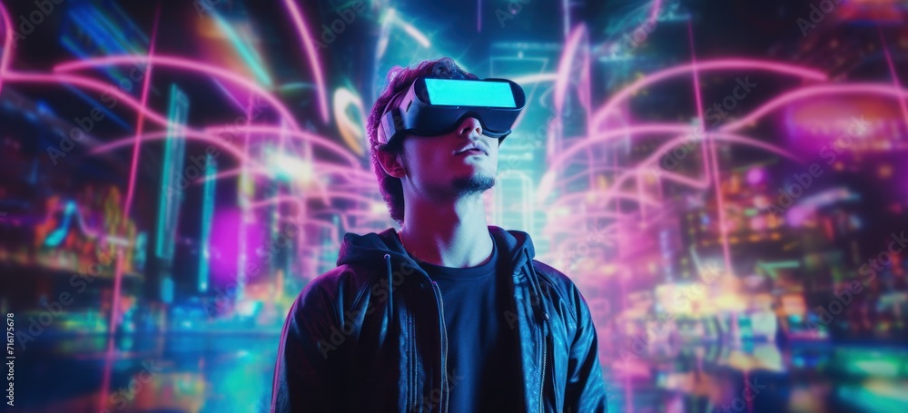 Poster man experiencing virtual reality with neon lights. future technology.