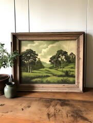 Rustic Decor: Pastoral Countryside Meadows Framed Landscape Print - Nature Art for Serene Ambiance