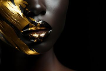 Fantastic golden professional makeup african woman, lips skin with paint
