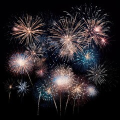 "Midnight Fireworks": Display an isolated set of fireworks bursting in the night sky on a white background with generative ai