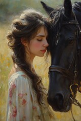 woman horse field tall grass face oil hue looks young talented gentle calm doting pose day aquiline nose cowgirl glaze - obrazy, fototapety, plakaty