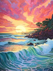 Fototapeta na wymiar Radiant Hawaiian Sunsets: Abstract Landscape of Sunlit Waves in Contemporary Style