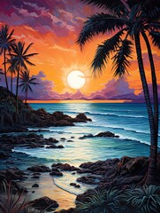 Radiant Hawaiian Sunsets: A Moonlit Beach Night Art- Landscape After Sunset