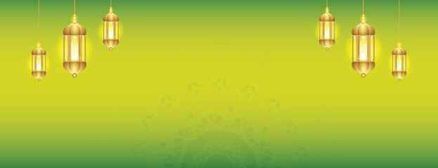 Ramadan Kareem wishes or greeting green color background Islamic eid, al, fitr banner design with lamp, lantern, or mandala social media wishing, sale, offer, advertisement, design vector illustration - obrazy, fototapety, plakaty