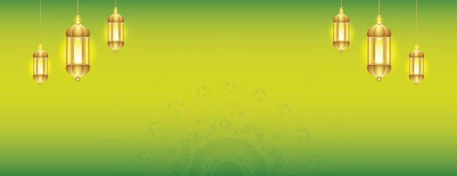 Ramadan Kareem wishes or greeting green color background Islamic eid, al, fitr banner design with lamp, lantern, or mandala social media wishing, sale, offer, advertisement, design vector illustration