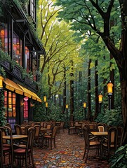 Fototapeta na wymiar Rainy European Cafes Forest Wall Art | Cafes amidst Trees Woodland Art Print