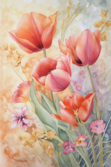 The painting depicts a field of colorful tulips in bloom.