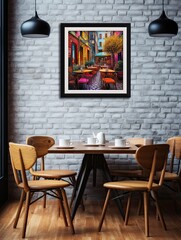 Rainy European Cafes: Framed Landscape Print of Coffee Houses in Modern Art