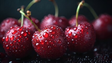 Photograph of bright red cherries adorned with water droplets, exuding a refreshing look with a minimal composition and ample copy space