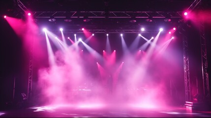 Fototapeta na wymiar Stage Light with Red Pink Purple Spotlights and Smoke. Concert and Theatre Dark Scene 