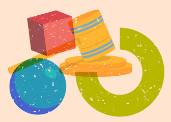 Risograph Gavel with geometric shapes. Objects in trendy riso graph print texture style design with geometry elements.