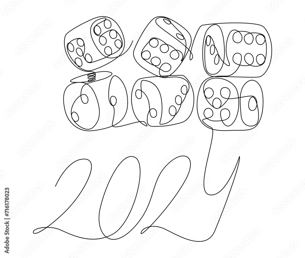 Poster one continuous line of dice with number 2024. thin line illustration vector concept. contour drawing