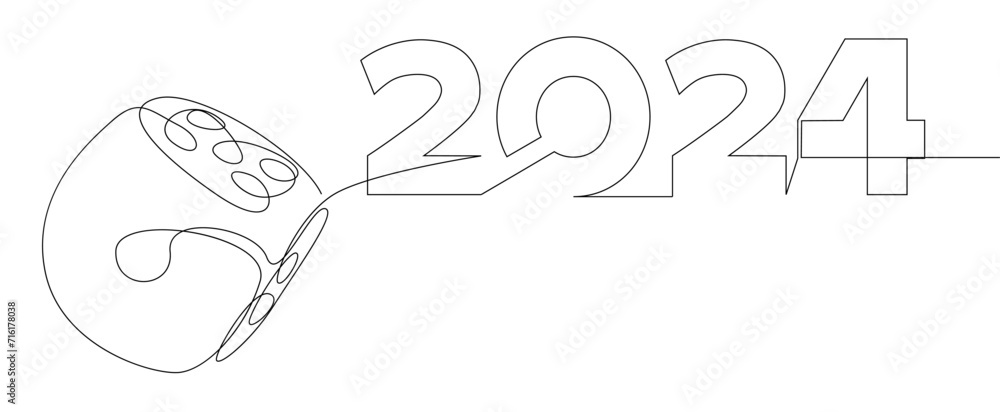 Poster one continuous line of dice with number 2024. thin line illustration vector concept. contour drawing