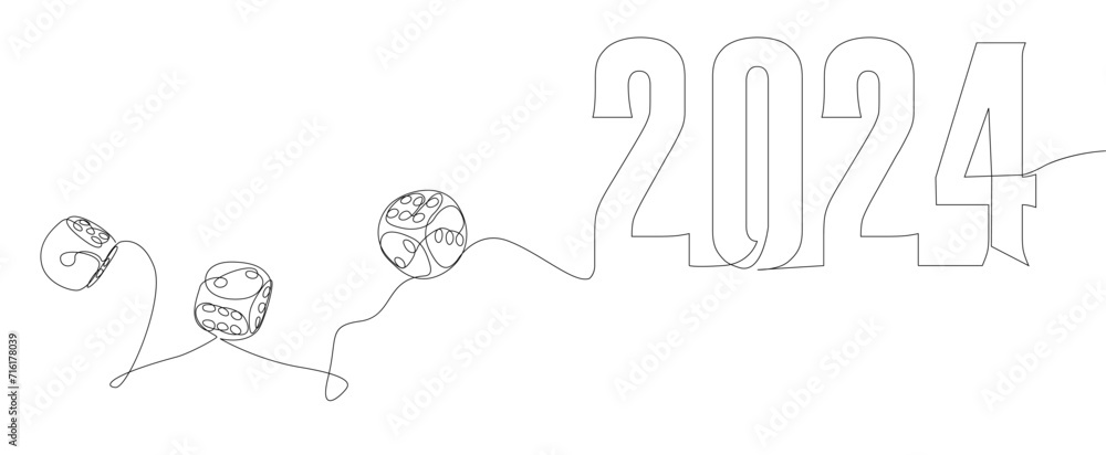 Poster one continuous line of dice with number 2024. thin line illustration vector concept. contour drawing