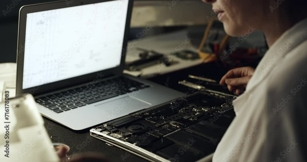 Poster motherboard, laptop and woman repair hardware, electronics or problem solving semiconductor at night