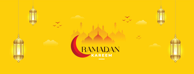 Ramadan Kareem wishes or greeting banner yellow background banner design with mosque, or moon, and lamp, lantern, social media wishing advertisement, design vector illustration