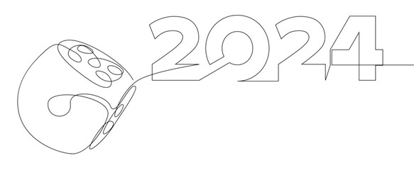 One continuous line of dice with number 2024. Thin Line Illustration vector concept. Contour Drawing Creative ideas.