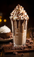 Milkshake with syrup, cream liqueur and chocolate powder on brown background