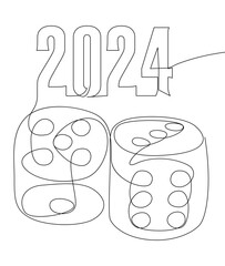 One continuous line of dice with number 2024. Thin Line Illustration vector concept. Contour Drawing Creative ideas.