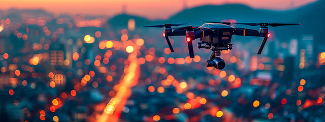 A drone hovers above a city at dusk, its camera poised to capture the twinkling lights below, symbolizing the blend of technology and urban life. - obrazy, fototapety, plakaty