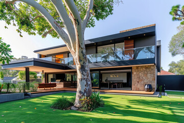 a modern house with a large garden, flower garden, and trees