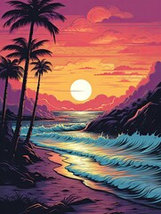 Retrowave Serenity: Retro Surf Beach Vibes Seascape Art Print