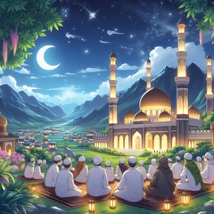 Illustration of Muslim pilgrims praying in front of the mosque at night. Ramadan Kareem Illustration. ramadan kareem, eid mubarak, muslim and eid fitr concept.