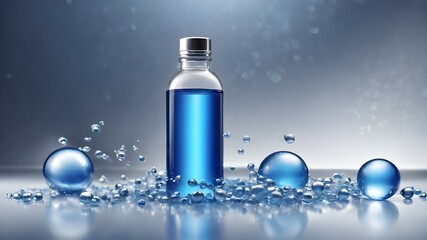 A glass bottle with blue transparent liquid, blue molecules and spheres lie nearby. Background for product presentation with moisturizing molecules, water	