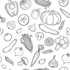 Hand drawn vector monochrome seamless pattern with broccoli, corn and pumpkin. Outline vegetarian organic food. Farm market product. Vegan vegetables.