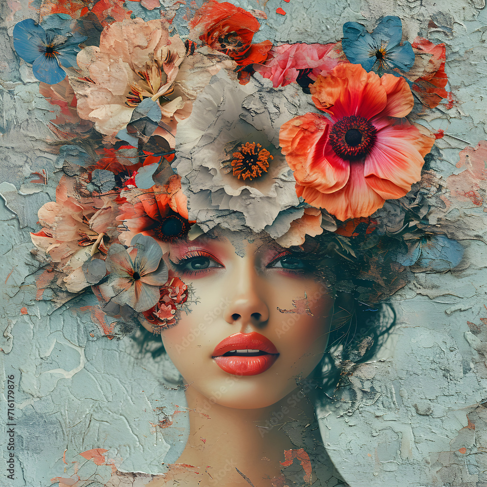 Poster a portrait of a woman surrounded by colorful flowers in a trendy abstract paper collage design.