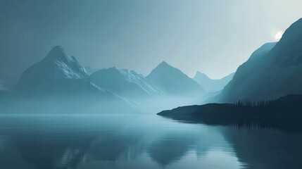 boat floating deep near mountains transparent fractal pale blue fog ratio young antarctic morning fjord - obrazy, fototapety, plakaty