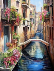 Romantic Venetian Canals Pathway Painting: Italy Strolls Along Idyllic Canal Paths