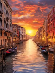 Romantic Venetian Canals Panoramic Print: Sunset Over Canals, Italy Beauty