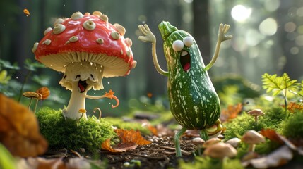 A mushroom busting out the worm dance while a zucchini awkwardly tries to keep up showing off their wild and wacky dance moves - obrazy, fototapety, plakaty