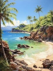 Rugged Tropical Beach Art: Rhythmic Rocky Outcrops Amidst Island's Edges