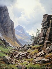 Rugged Rocky Outcrops: Vintage Highland Vistas Nature Artwork